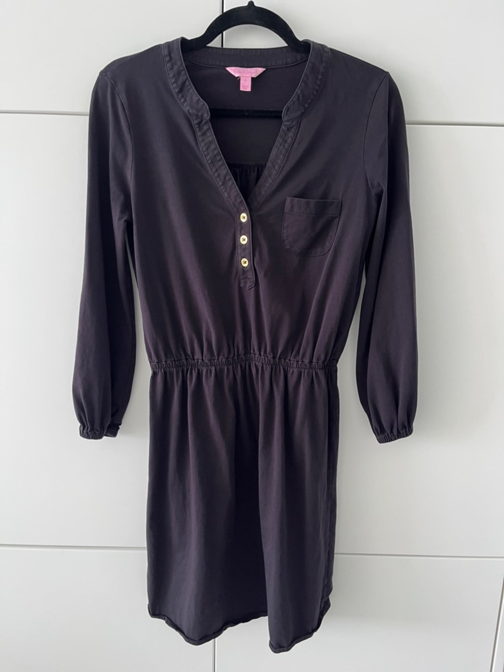 Lilly Pulitzer Black Long-Sleeve Casual Cotton Henley Dress